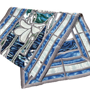 Silk Crepe Scarf Long Rectangle Stained Glass Window Blue Gray Green Floral